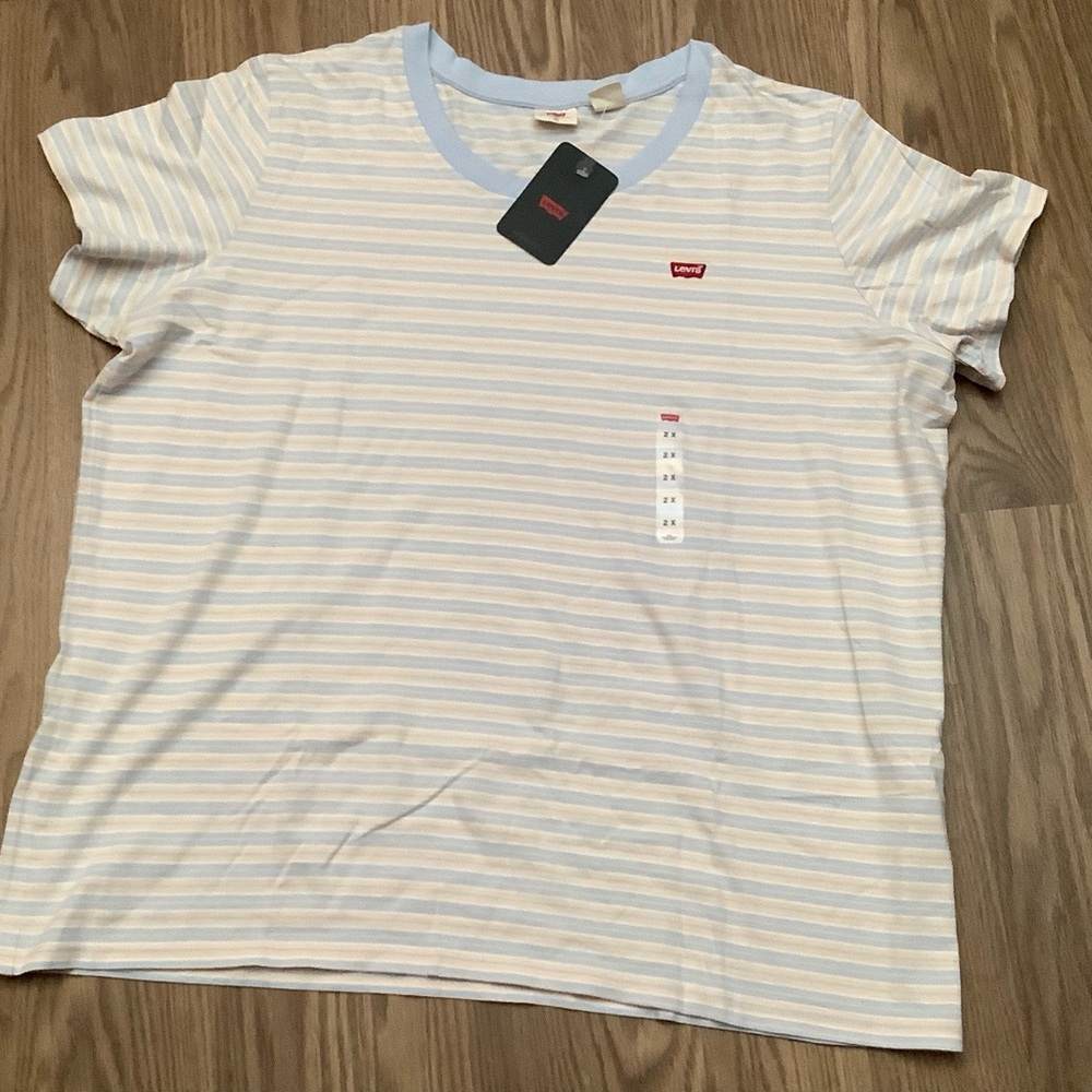 Levi’s T-shirt Women’s Size 2X Light Blue Cream Striped Cotton Short Sleeves - Picture 2 of 6